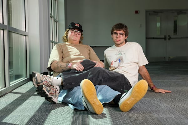 Following a brief hiatus from music, Hey, Nothing — comprised of Harlow Phillips (left) and Tyler Mabry — have returned with their major label debut album. The band’s vulnerability has seamlessly reached masses online. (Jason Getz/AJC)