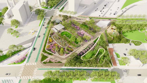 This is a rendering of a planned public space called Fog Forest within the first phase of The Stitch. It was unveiled Wednesday, Oct. 22, 2025 at the inaugural Downtown Day hosted by Central Atlanta Progress and the Atlanta Downtown Improvement District. (Courtesy of Atlanta Downtown Improvement District)