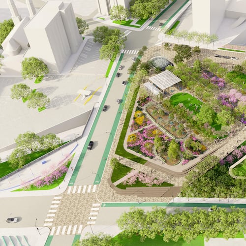 This is an aerial rendering of the first phase of the Stitch in downtown Atlanta. It was unveiled Wednesday, Oct. 22, 2025, during the inaugural Downtown Day hosted by Central Atlanta Progress and the Atlanta Downtown Improvement District. (Courtesy of Atlanta Downtown Improvement District)