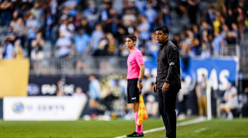 Atlanta United manager Gonzalo Pineda looks on during the match against Philadelphia Union at Subaru Park in Philadelphia, PA on Wednesday October 4, 2023. (Photo by Mitch Martin/Atlanta United)