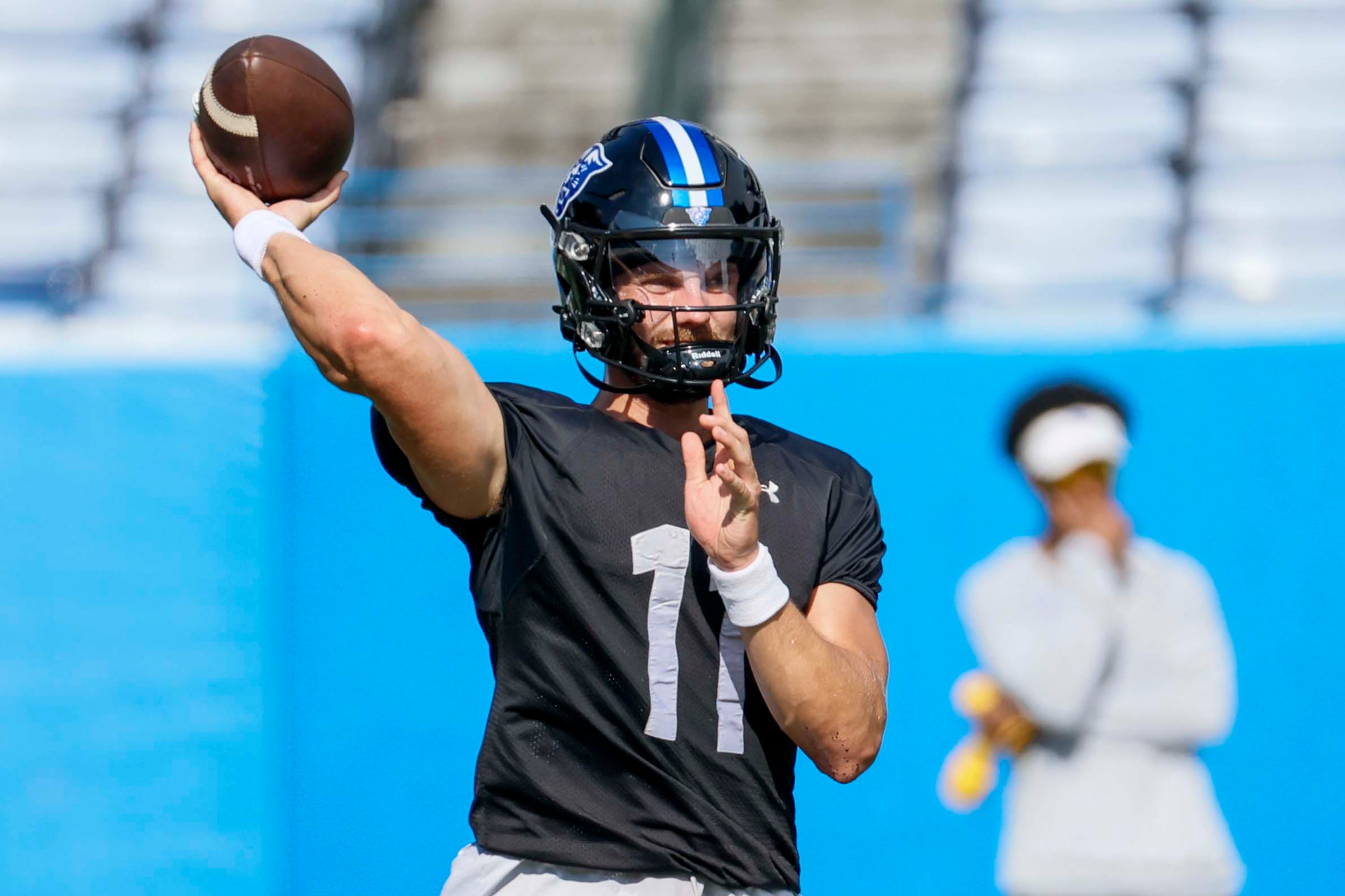 GSU quarterback Christian Veilleux (11) attempts a pass during Georgia State University’s first day of practice at Center Parc Stadium on Thursday, July 31, 2025, in Atlanta. (Miguel Martinez/ AJC)
