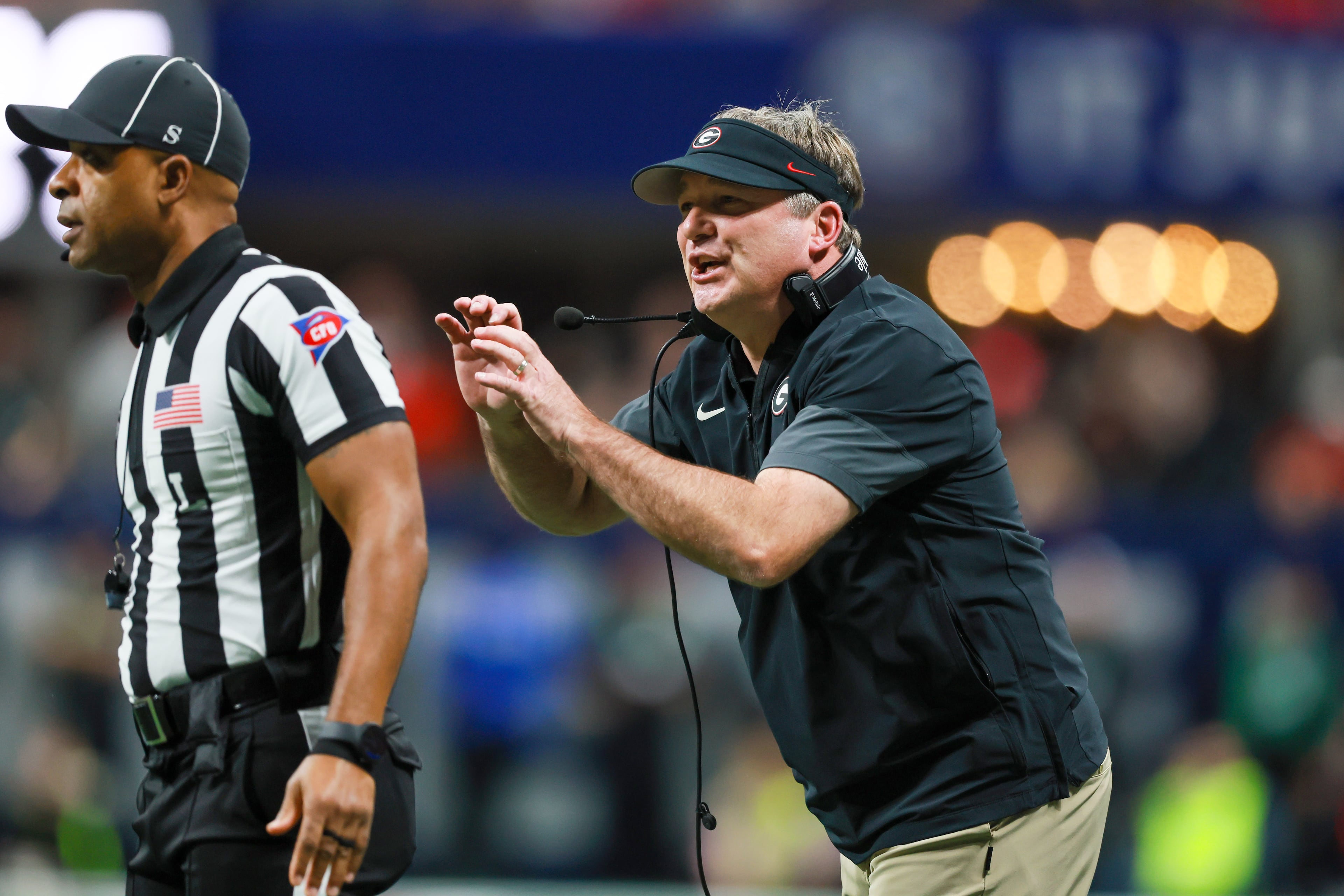 Georgia head coach Kirby Smart reacts on the sideline against Alabama during the second quarter of the SEC Championship game at Mercedes-Benz Stadium, Saturday, Dec. 6, 2025, in Atlanta. (Jason Getz / AJC)