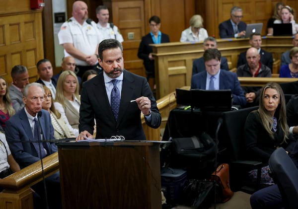 Defense attorney Alan Jackson speaks to jurors during closing arguments in the murder trial of Karen Read, at right, in Norfolk Superior Court, Friday, June 13, 2025, in Dedham, Mass. (Mark Stockwell/The Sun Chronicle via AP, Pool) /// [EXTERNAL]