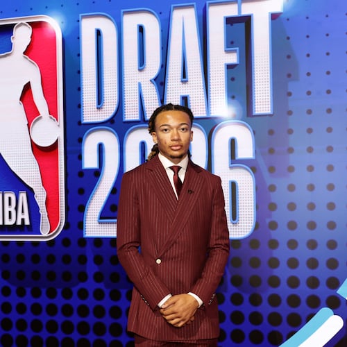 Kingston Flemings arrives for the first round of the NBA basketball draft Tuesday, June 23, 2026, in New York. (AP Photo/Adam Hunger)