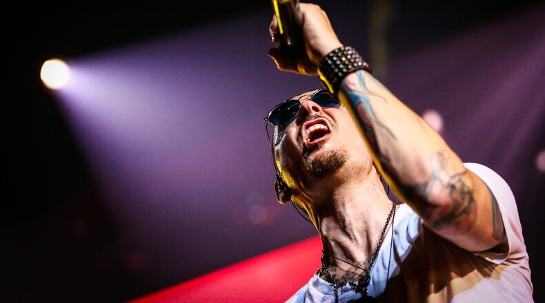 Chester Bennington of Linkin Park performs on stage at the iHeartRadio Album Release Party presented by State Farm at the iHeartRadio Theater Los Angeles on May 22, 2017 in Burbank, California. (Photo by Rich Fury/Getty Images for iHeartMedia)