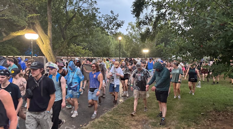 Crowds evacuate Piedmont Park at the Shaky Knees Festival after the threat of severe weather on Saturday, September 19 2026.