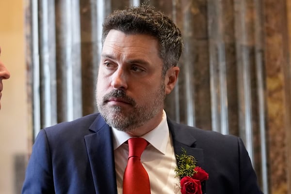 FILE - Republican state senator Blake Miguez converses before the swearing-in of the Louisiana state legislature in Baton Rouge, La., Monday, Jan. 8, 2024. (AP Photo/Gerald Herbert, Pool, File)