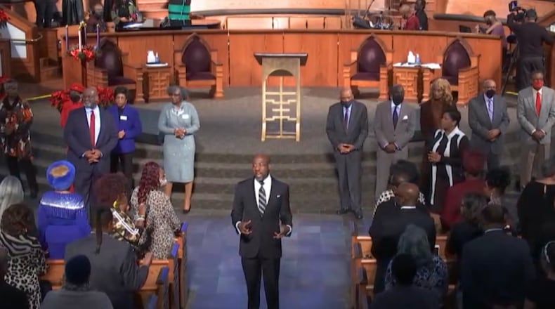 Sen. Raphael Warnock addresses Ebenezer Baptist Church on Sunday, Dec. 11, 2022.