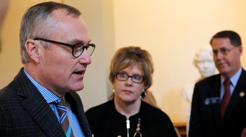 Lt. Gov. Casey Cagle (from left), state Sens. Renee Unterman, R-Buford, and Dean Burke, R-Bainbridge, speak to the press after a vote this week. BOB ANDRES /BANDRES@AJC.COM