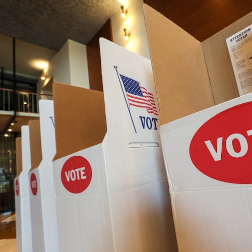 Voting booths are set up at a polling location inside St. Luke's Methodist Church, Tuesday, June 16, 2026, in Oklahoma City. (AP Photo/Nate Billings)