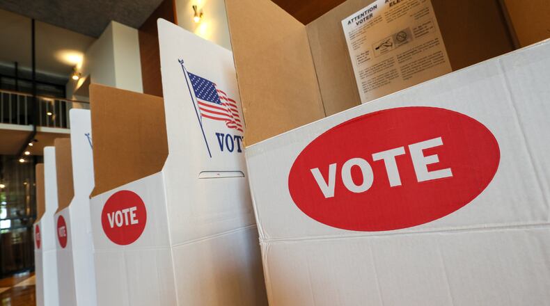 Voting booths are set up at a polling location inside St. Luke's Methodist Church, Tuesday, June 16, 2026, in Oklahoma City. (AP Photo/Nate Billings)