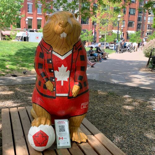 A beaver sculpture representing Canada that is part of The Great Beaver Quest, a World Cup-themed contest, stands in a park Thursday, June 4, 2026, in Toronto. (AP Photo/Mike Householder)