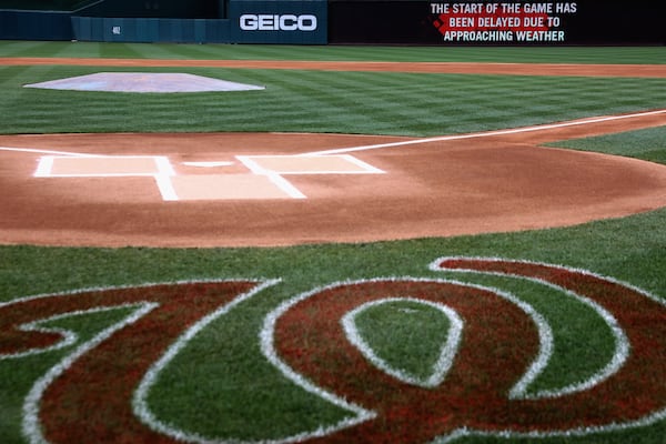 WASHINGTON, DC - JULY 06: A sign in the outfield informs fans of a delayed start in the Washington Nationals and Atlanta Braves game at Nationals Park on July 6, 2017 in Washington, DC.  (Photo by Rob Carr/Getty Images)