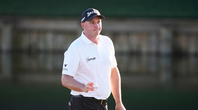 Sepp Straka of Austria reacts after finished his round during the first round of The Players Championship golf tournament Thursday, March 12, 2026, in Ponte Bedra Beach, Fla. (AP Photo/Gerald Herbert)