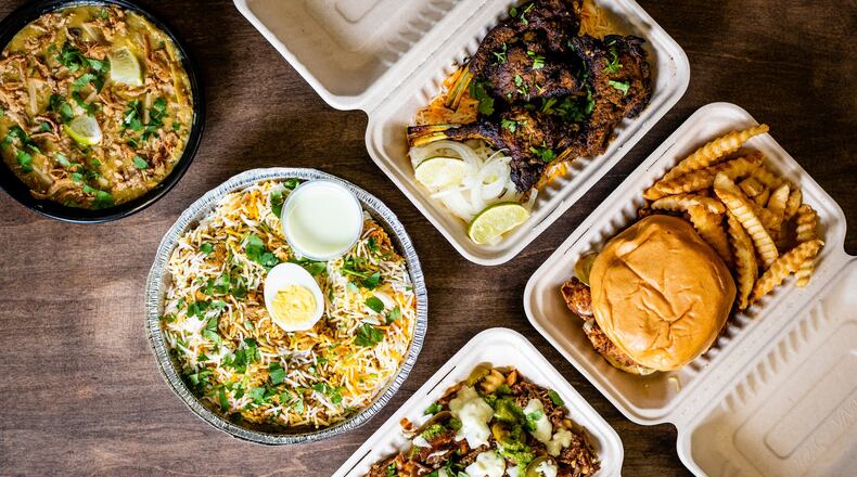 A selection of menu items at Atlanta Halal Meat & Food: (clockwise, from top center) masala lamb chops, the Karee Fried Chicken Sandwich, Farmo Fries with Nihari topping, goat biryani and haleem. CONTRIBUTED BY HENRI HOLLIS