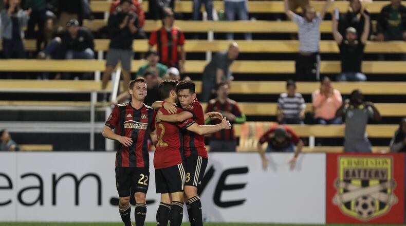 Atlanta United celebrates Ezequiel Barco's goal on Wednesday in Charleston. (Atlanta United)