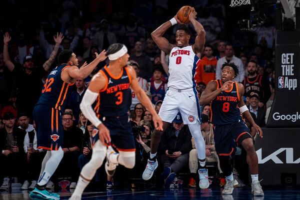 Detroit Pistons center Jalen Duren (0) catches a rebound during the second half of Game 2 of an NBA basketball first-round playoff series against the New York Knicks, Monday, April 21, 2025, in New York. (AP Photo/Angelina Katsanis)