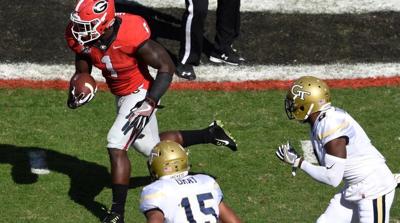 Georgia tailback Sony Michel has 55 catches over the past three years. (DAVID BARNES / DAVID.BARNES@AJC.COM)