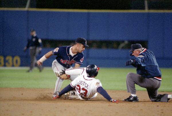 OCTOBER 28, 1995 ATLANTA Series Hero David Justice slides into second base safely after doubling in World Series Game Six, 1995 FRANK NEIMEIR/AJC STAFF