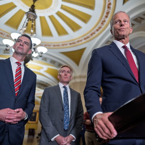 Senate Majority Leader John Thune, R-S.D., joined from left by Sen. Josh Hawley, R-Mo., and Sen. James Lankford, R-Okla., speaks to reporters after a closed-door meeting with fellow Republicans, at the Capitol in Washington, Tuesday, June 2, 2026. (AP Photo/J. Scott Applewhite)