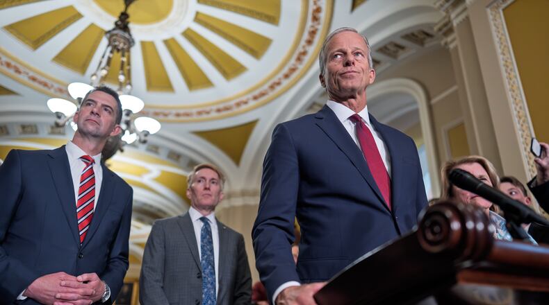 Senate Majority Leader John Thune, R-S.D., joined from left by Sen. Josh Hawley, R-Mo., and Sen. James Lankford, R-Okla., speaks to reporters after a closed-door meeting with fellow Republicans, at the Capitol in Washington, Tuesday, June 2, 2026. (AP Photo/J. Scott Applewhite)