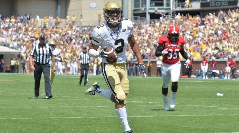 September 9, 2017 Atlanta - Georgia Tech wide receiver Ricky Jeune (2) scores a touchdown after he made a touchdown catch in the second half of the Georgia Tech home opener at Bobby Dodd Stadium on Saturday, September 9, 2017. Georgia Tech won 37-10 over the Jacksonville State. HYOSUB SHIN / HSHIN@AJC.COM