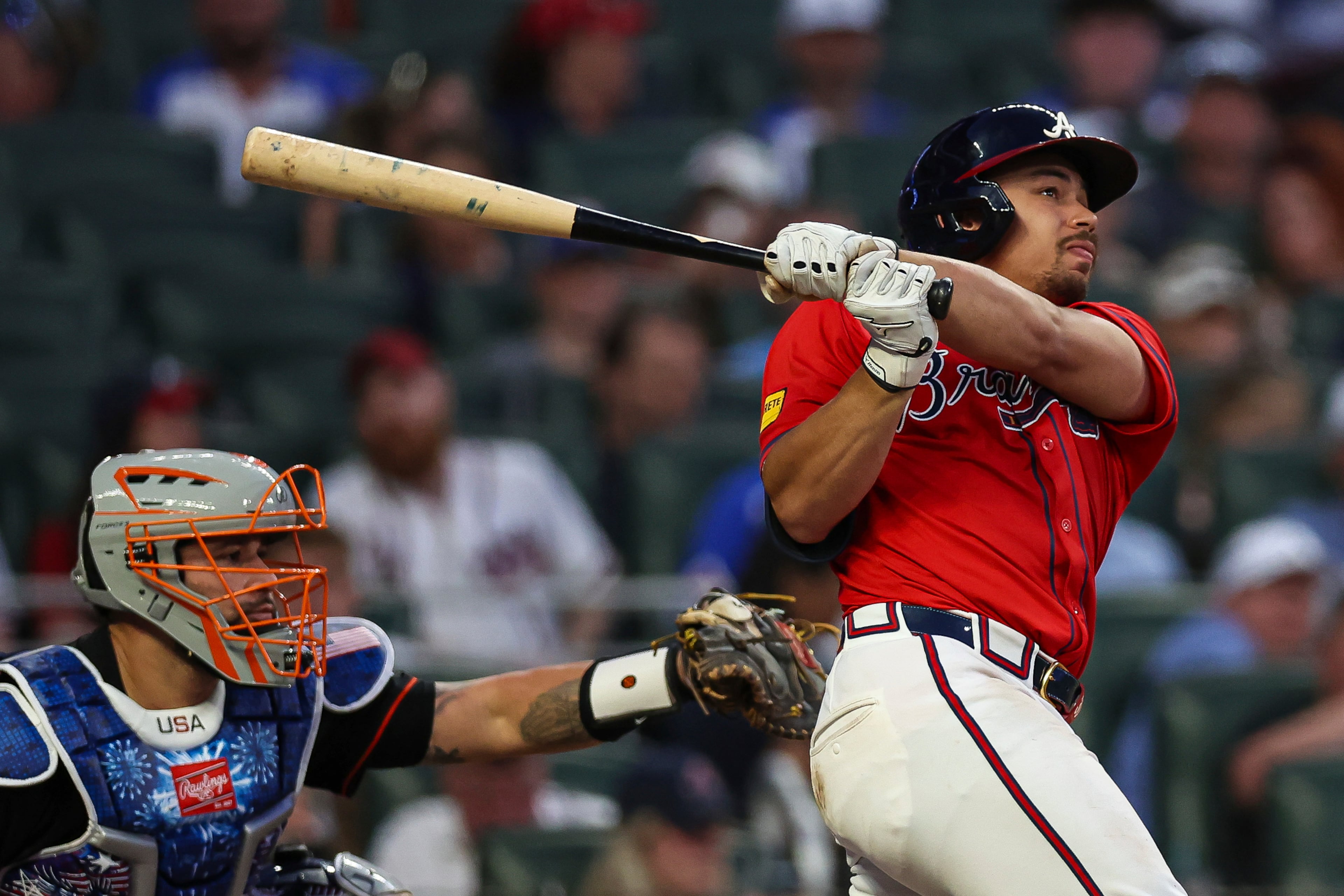 The Braves' Drake Baldwin hits a two-run home run in the sixth inning against the Baltimore Orioles on Friday, July 4, 2025, in Atlanta. (Colin Hubbard/AP)