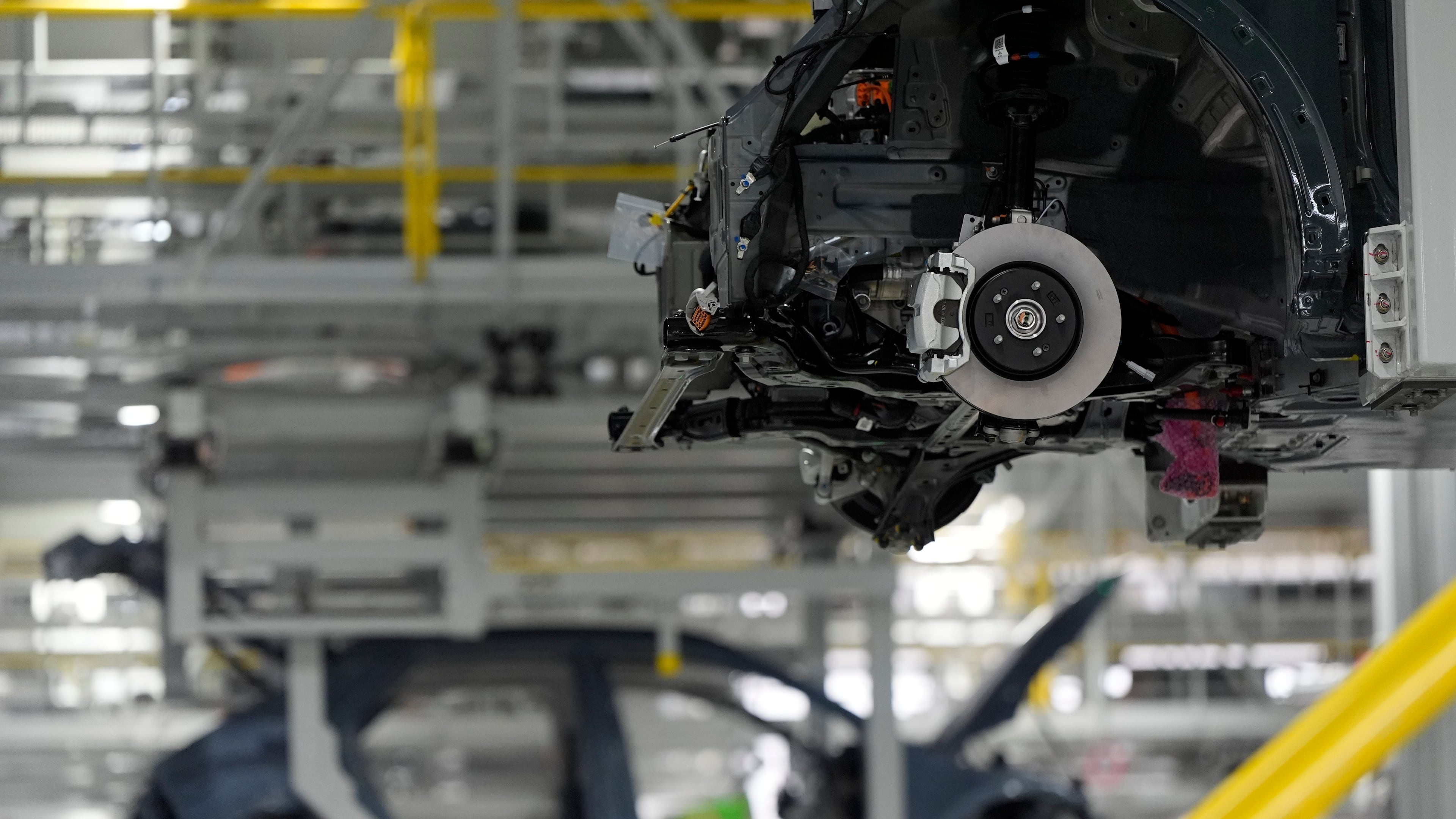 FILE - Vehicles move on the line at the Hyundai Motor Group Metaplant America, March 26, 2025, in Ellabell, Ga. (AP Photo/Mike Stewart, File)