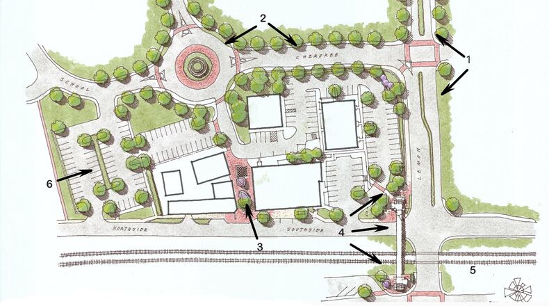 This rendering of Acworth’s downtown improvements will include a pedestrian bridge. Courtesy of Acworth