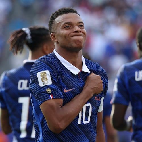 France's Kylian Mbappe (10) celebrates scoring their third goal during the World Cup round of 32 soccer match between France and Sweden in East Rutherford, N.J., near New York, Tuesday, June 30, 2026. (AP Photo/Pamela Smith)