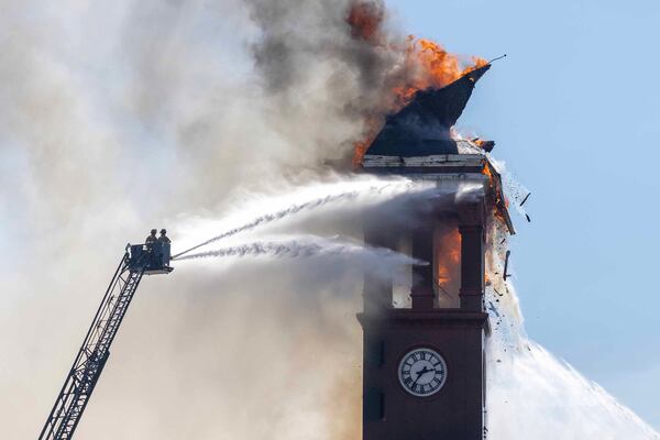 Firefighters combat a blaze at the historic Floyd County Courthouse in downtown Rome on Monday, March 23, 2026. (Courtesy of Ryan Smith)