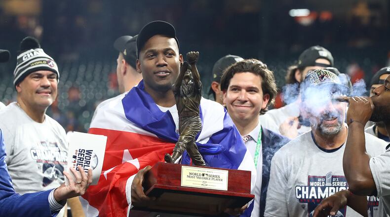 The MVP Jorge Soler holds his trophy after beating the Astros in game 6 to win the World Series on Tuesday, Nov. 2, 2021, in Houston. “Curtis Compton / Curtis.Compton@ajc.com”