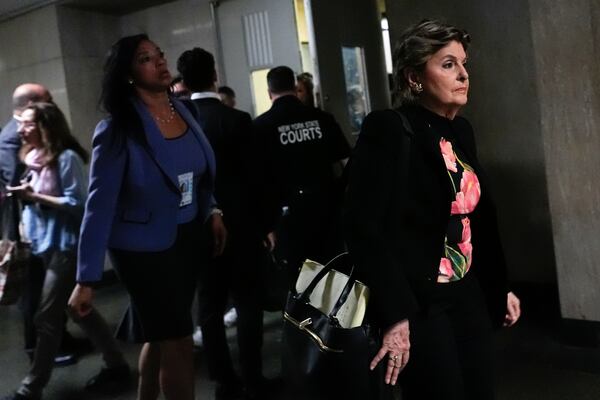 Attorney Gloria Allred leaves court for a break during Harvey Weinstein's retrial at Manhattan criminal court, Wednesday, April 23, 2025, in New York. (AP Photo/Julia Demaree Nikhinson)