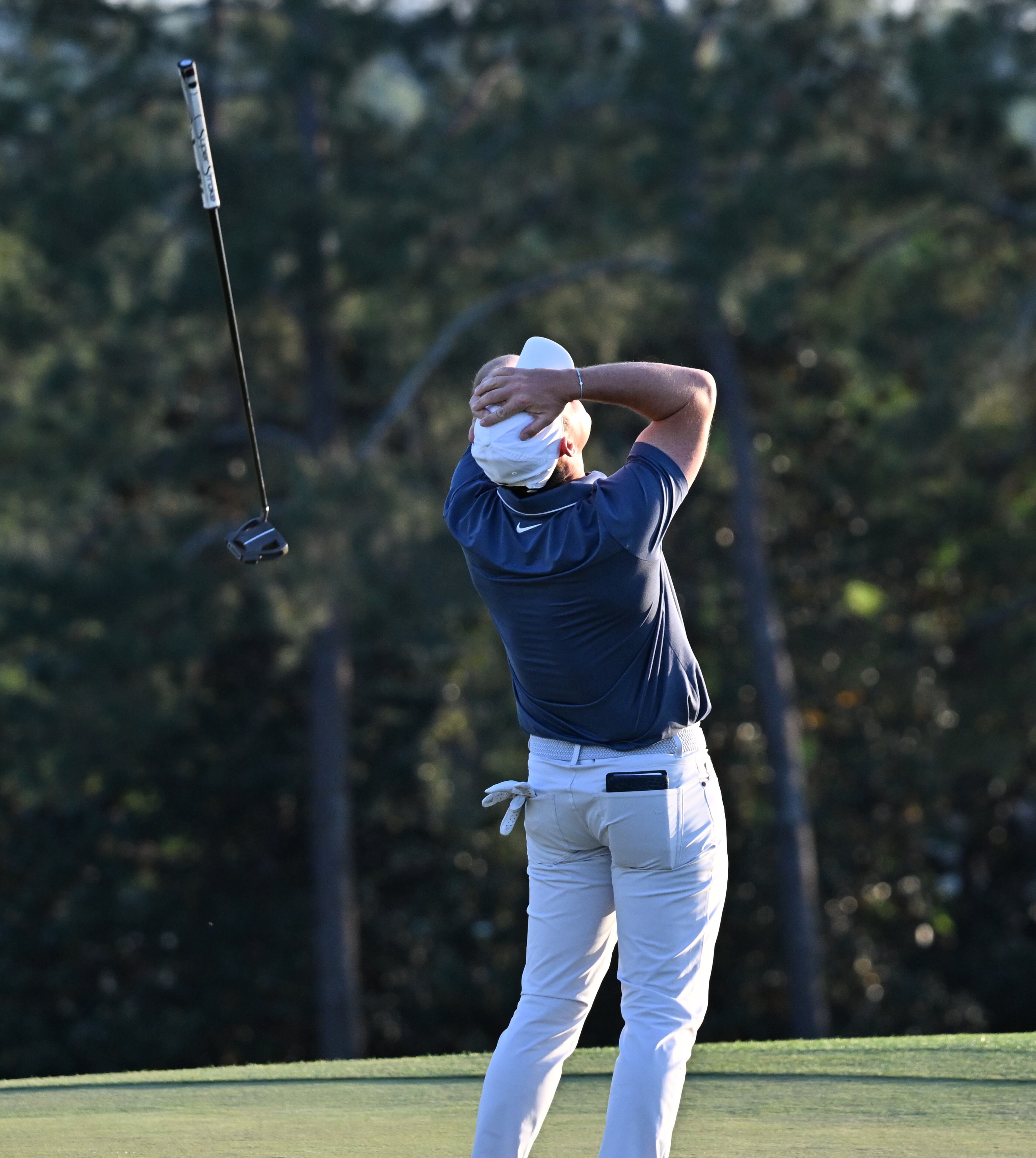 Rory McIlroy celebrates winning the Masters golf tournament with a birdie in the first playoff hole during final round of the Masters golf tournament, at Augusta National Golf Club, Sunday, April 13, 2025, in Augusta, Ga. (Hyosub Shin / AJC)