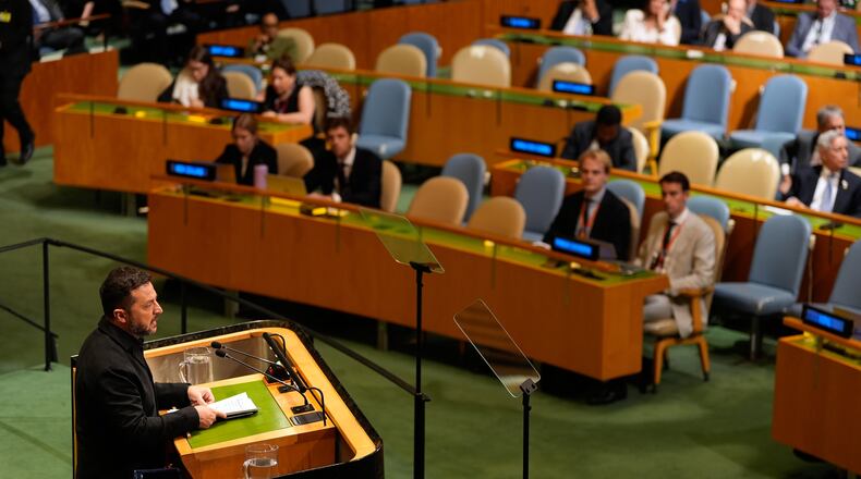 Ukraine's President Volodymyr Zelenskyy speaks during the 81st session of the United Nations General Assembly at United Nations headquarters, Wednesday, Sept. 23, 2026. (AP Photo/Seth Wenig)