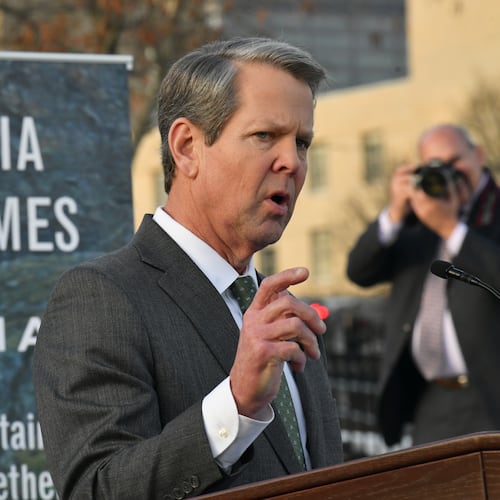 Gov. Brian Kemp spoke a news conference in Atlanta in 2021 about electric vehicle maker Rivian's plan to build a factory in Georgia. (Hyosub Shin/AJC)