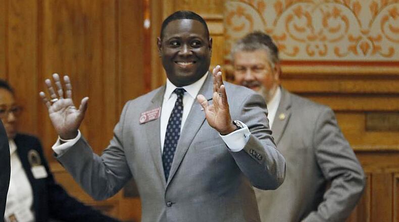 March 26, 2019 - Atlanta - Rep. Demetrius Douglas, D - Stockbridge, reacts to the passage of his bill, HB 83, which provides for recess for students in kindergarten and grades one through five, in the senate, where is was carried by Sen. Jeff Mullis, R - Chickamauga. Tuesday was the 37th legislative day of the 2019 Georgia general assembly. Bob Andres / bandres@ajc.com