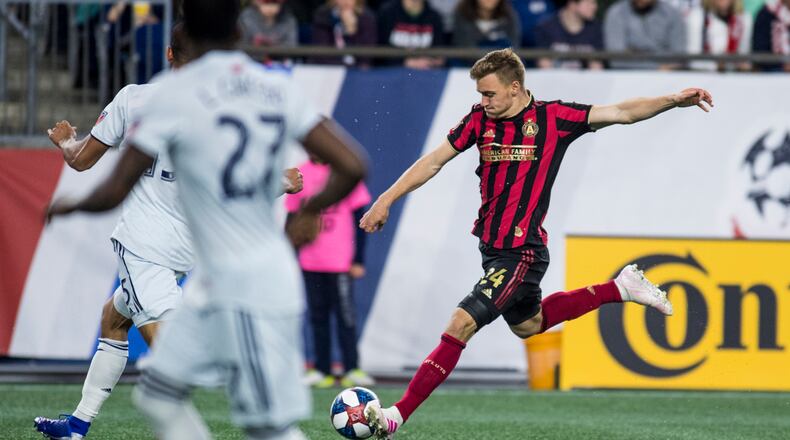 04/13/19 - FOXBOROUGH, MA. - Atlanta United FC battles New England Revolution in a MLS regular season game at Gillette Stadium in Foxborough, Massachusetts on Saturday, April 13, 2019. Photo by Matthew Modoono/ATULT