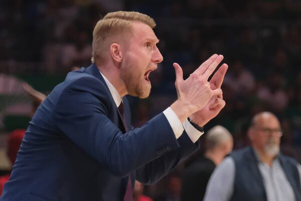 FILE - Telekom Bonn coach Tuomas IIsalo directs his team during the final of the Champions League Final Four Basketball tournament between Telecom Baskets Bonn and Hapoel Bank Yahav Jerusalem in Malaga, Spain, Sunday, May 14, 2023. (AP Photo/Gregorio Marrero, File)