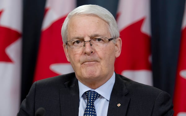 FILE - Transport Minister Marc Garneau speaks during a news conference in Ottawa, Ontario, March 13, 2019. (Adrian Wyld/The Canadian Press via AP, File)