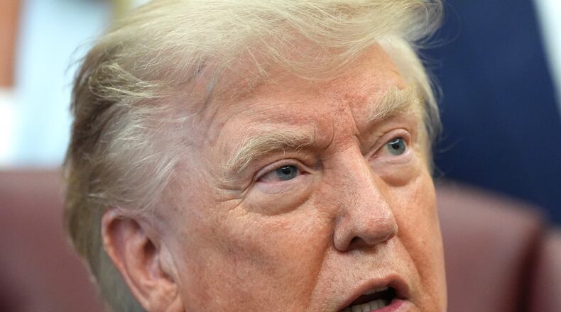 President Donald Trump speaks during a meeting about military families, in the Oval Office of the White House, Monday, Aug. 3, 2026, in Washington. (AP Photo/Alex Brandon)