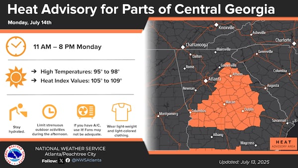 The National Weather Service has issued a heat advisory for portions of East and Central Georgia on Monday. (Courtesy of the National Weather Service)