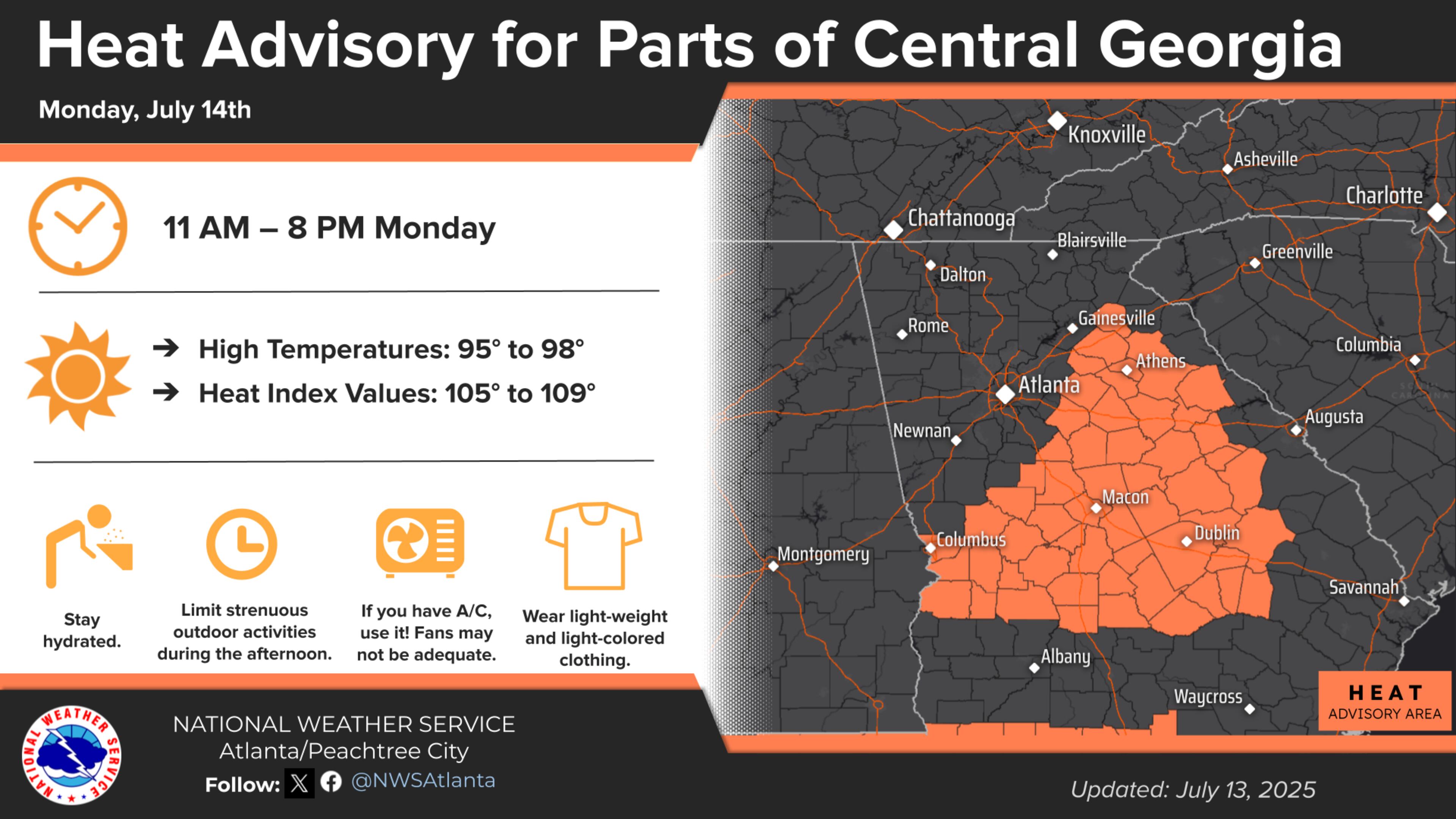 The National Weather Service has issued a heat advisory for portions of east and central Georgia on Monday, July 14, 2025. (Courtesy of the National Weather Service)