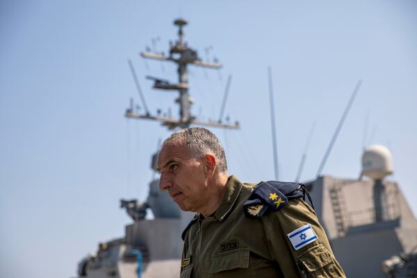 FILE -Vice Adm. Eli Sharvit arrives on board the Israeli Navy Ship Atzmaut in the Mediterranean Sea, Sept. 1, 2021. (AP Photo/Ariel Schalit, File)
