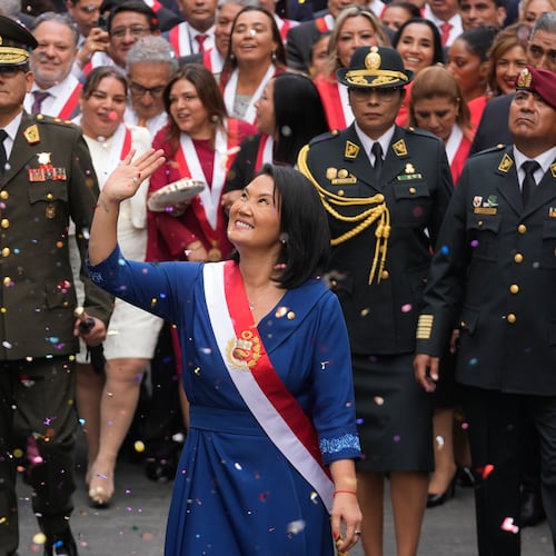 Peru's President Keiko Fujimori walks to the presidential palace after her inauguration in Lima, Peru, Tuesday, July 28, 2026. (AP Photo/Martin Mejia)