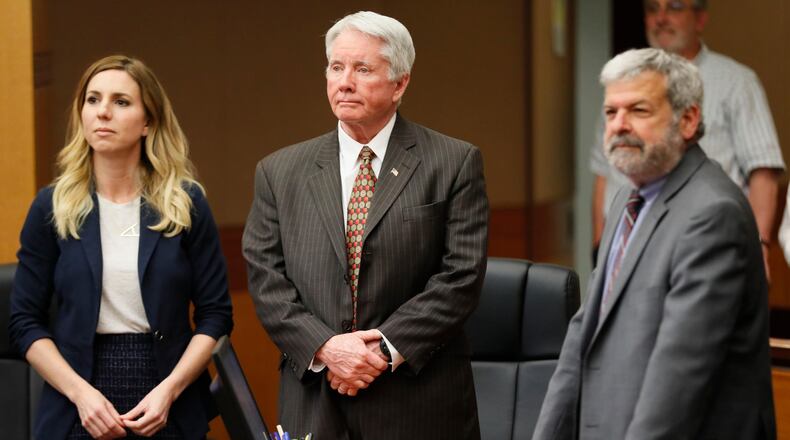4/20/18 - Atlanta - Tex McIver stands with attorneys Amanda Clark Palmer (left) and Don Samuel to face the jury as they concluded their fourth day of deliberations today during the Tex McIver murder trial at the Fulton County Courthouse and will resume on Monday. Bob Andres bandres@ajc.com