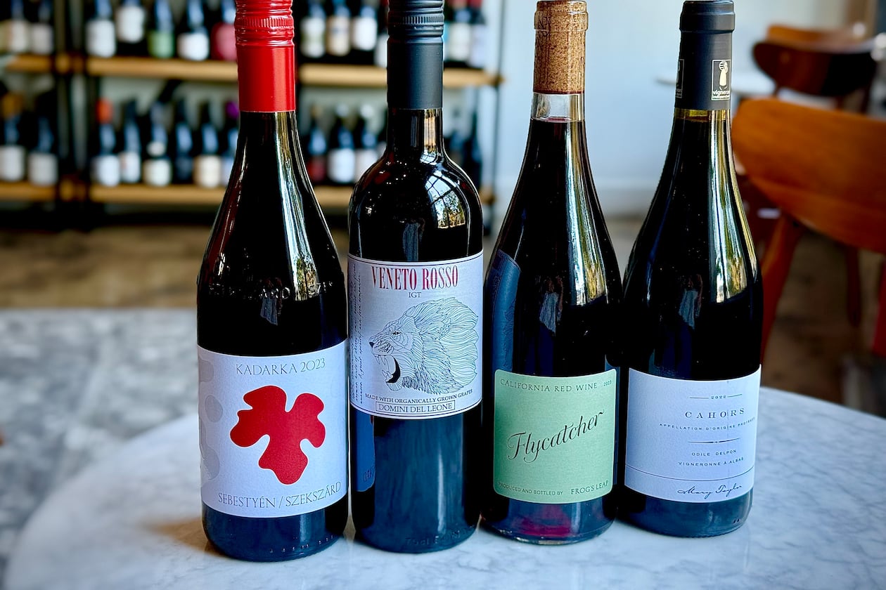 From left: Sebestyén Kadarka from Hungary, Domini del Leone Rosso IGT from Italy, Frog's Leap Flycatcher Red from Napa and Mary Taylor Odile Delpon Cahors from France. (Courtesy of Krista Slater)