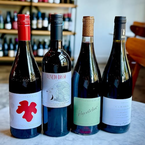 From left: Sebestyén Kadarka from Hungary, Domini del Leone Rosso IGT from Italy, Frog's Leap Flycatcher Red from Napa and Mary Taylor Odile Delpon Cahors from France. (Courtesy of Krista Slater)