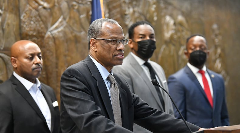 Integral Group CEO Egbert Perry speaks during a press conference at Atlanta City Hall on Thursday, February 3, 2022. (Hyosub Shin / Hyosub.Shin@ajc.com)