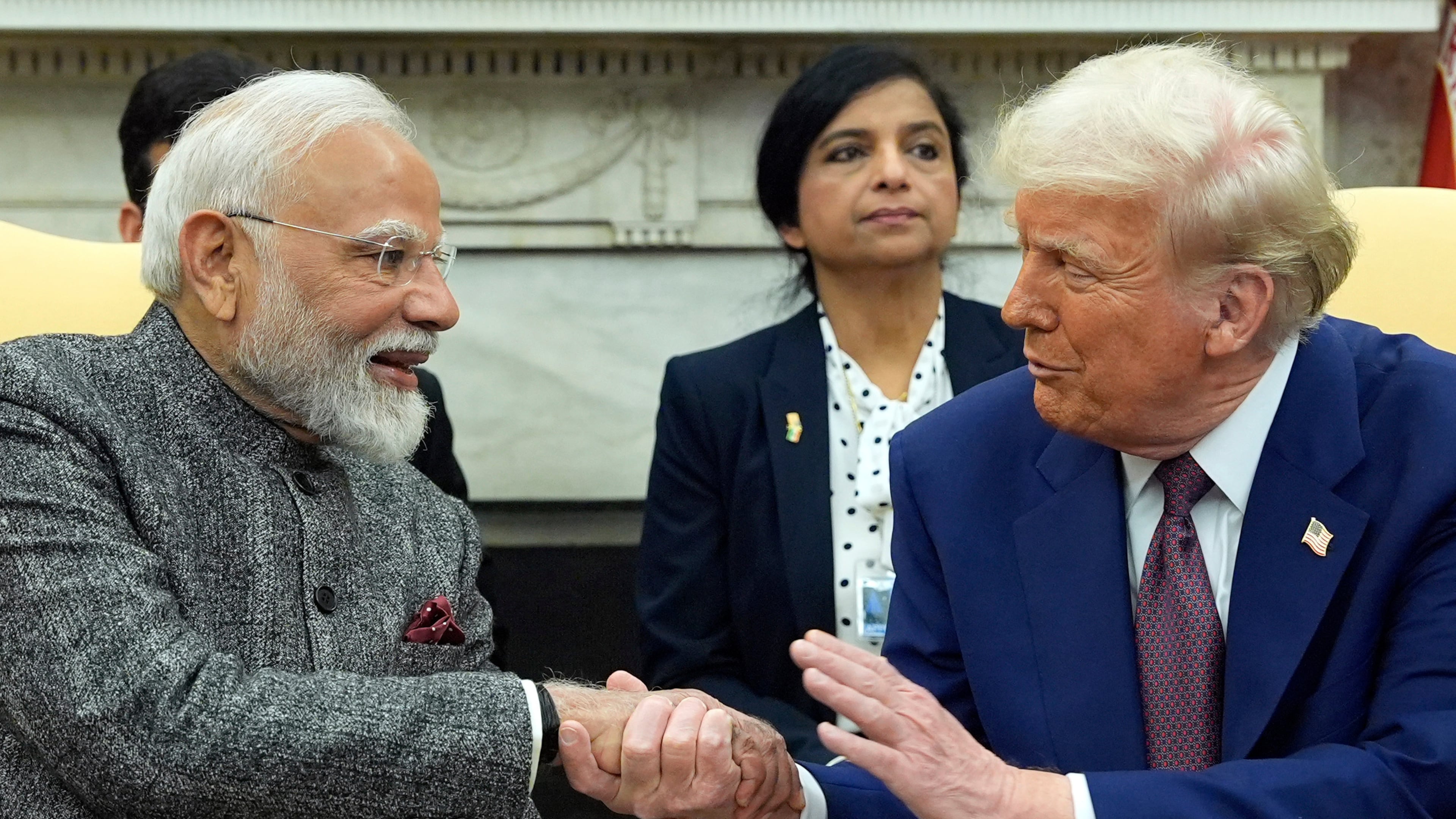 FILE -President Donald Trump shakes hands with India's Prime Minister Narendra Modi in the Oval Office of the White House, Feb. 13, 2025, in Washington. (Photo/Alex Brandon, File)